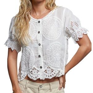 POL Cotton Crochet Embroidered Eyelet Ruffle Short Sleeve Button Down